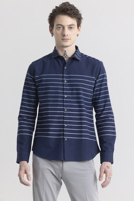 Snitch Men Striped Casual Blue Shirt