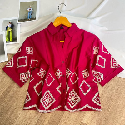 PFab Women Embroidered Casual Pink Shirt