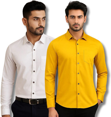 ClothTheory Men Solid Casual White, Yellow Shirt(Pack of 2)