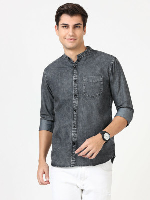 SQIN Men Self Design Casual Black Shirt