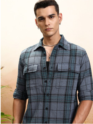 HIGHLANDER Men Checkered Casual Blue Shirt