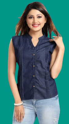 Wingzss Women Solid Casual Blue Shirt