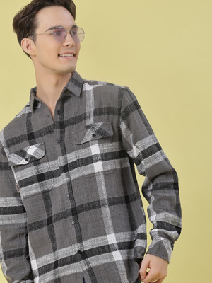 V-MART Men Checkered Casual Grey Shirt
