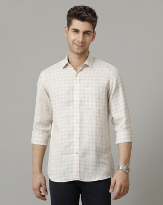 Linen Club Men Checkered Casual Beige Shirt