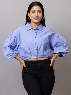 PROBASIC Women Solid Casual Blue Shirt