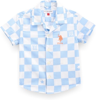 U.S. POLO ASSN. Boys Checkered Casual Light Blue, White Shirt