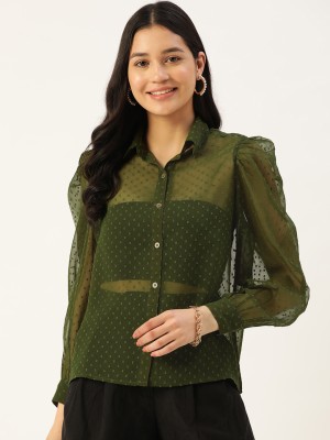 SLENOR Women Solid Party Green Shirt