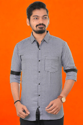 PUBHIZA Men Checkered Casual Dark Blue Shirt