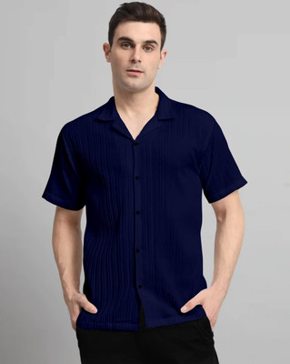 kruze Men Self Design, Striped Casual Dark Blue Shirt