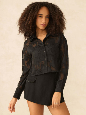 OUTZIDR Women Self Design Casual Black Shirt