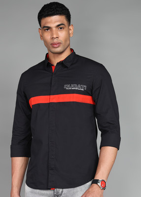 DUCATI Men Color Block Casual Black, Red Shirt