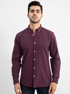 Snitch Men Striped Casual Maroon, White Shirt