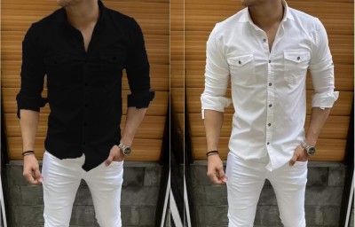 Noorify Men Solid Casual Black, White Shirt(Pack of 2)