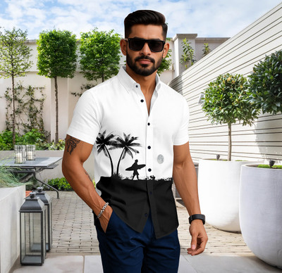 LAMBOO Men Printed Beach Wear White, Black Shirt