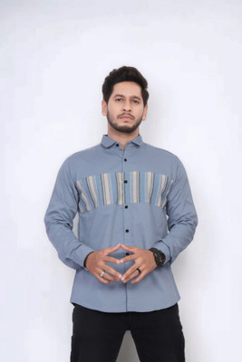 U AND J TREND Men Striped, Printed Casual Blue Shirt