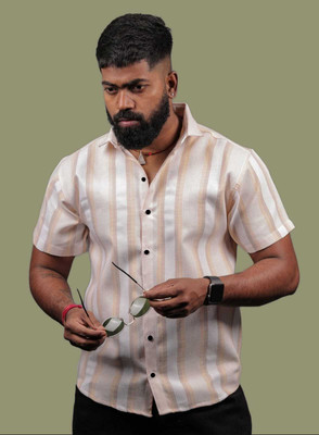 Pribha Fashion Men Striped Casual Orange, White Shirt