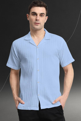 A DEEMOON TREND Men Striped, Self Design Casual Light Blue Shirt