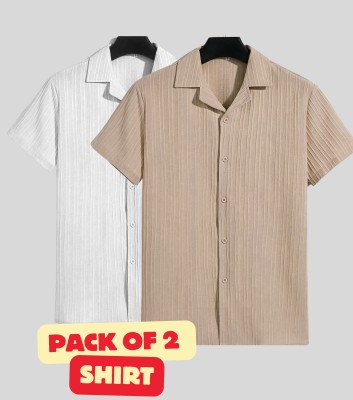 FUBACK Men Solid Casual White, Brown Shirt(Pack of 2)