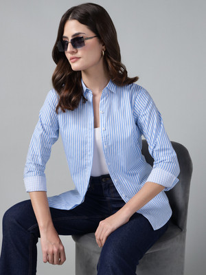 Hancock Women Striped Casual Blue, White Shirt