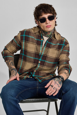 Snitch Men Checkered Casual Brown Shirt