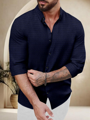 fabzy Men Self Design Casual Dark Blue Shirt
