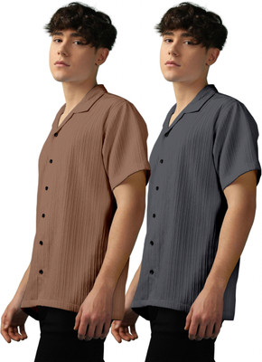 OXXOM Men Self Design, Striped Casual Brown, Grey Shirt(Pack of 2)