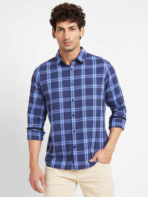 BEING HUMAN Men Checkered Casual Dark Blue Shirt