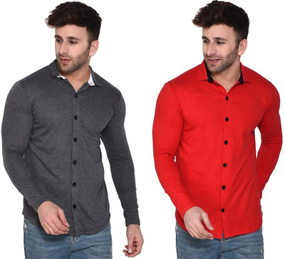 GEUM Men Self Design, Solid Casual Red, Grey Shirt(Pack of 2)