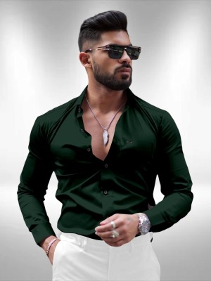 Growwax Men Solid Formal Dark Green Shirt