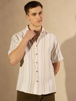 DENNISON Men Striped Casual Cream Shirt
