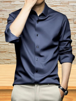 Madhvi Creations Men Self Design Party Blue Shirt