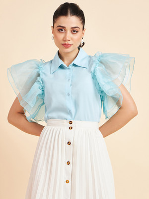 polka fashion Women Solid Party Light Blue Shirt