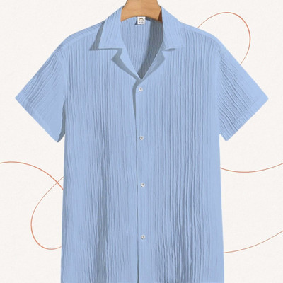 A DEEMOON TREND Men Self Design Casual Light Blue Shirt