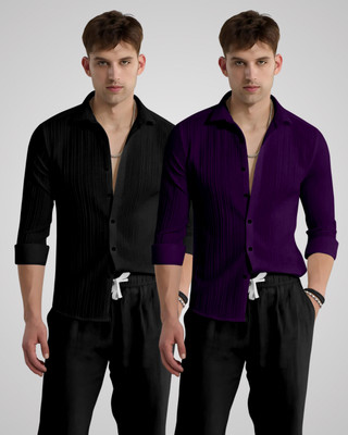 kruze Men Striped Casual Black, Purple Shirt(Pack of 2)