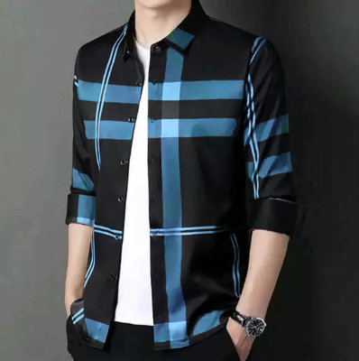 dream believe fashion Men Striped Casual Light Blue, Black Shirt