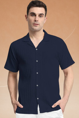 A DEEMOON TREND Men Self Design Casual Dark Blue Shirt