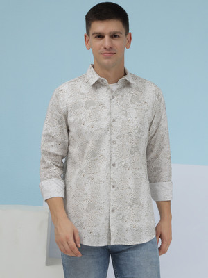 Jakanary Men Geometric Print Casual Light Green Shirt