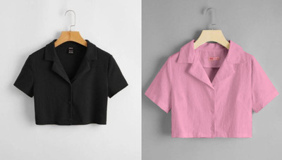 indicare Women Solid Casual Black, Pink Shirt(Pack of 2)