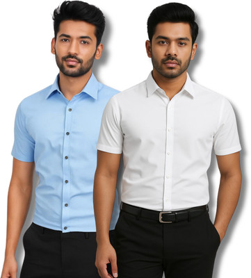 RAREMARK Men Solid Formal Light Blue, White Shirt(Pack of 2)