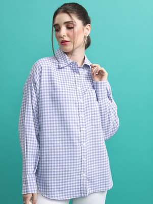 Tokyo Talkies Women Checkered Casual White, Purple Shirt