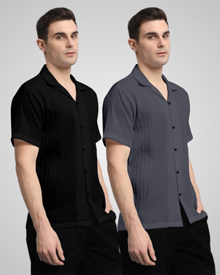 HEMAS LIFESTYLE Men Self Design, Solid Casual Black, Grey Shirt(Pack of 2)
