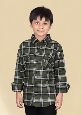 SKY PEARL Boys Checkered Casual Green Shirt