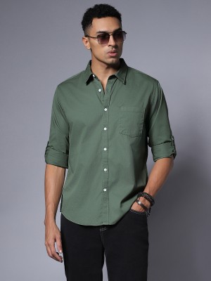 High Star Men Solid Casual Dark Green Shirt