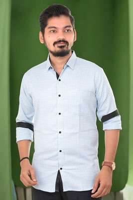 PUBHIZA Men Checkered Casual Light Blue Shirt