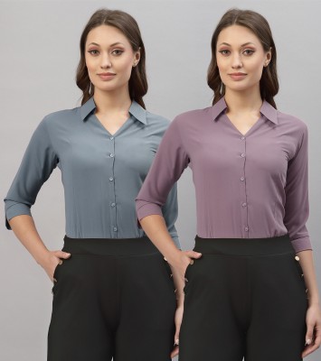 Selvia Women Solid Formal Grey, Pink Shirt(Pack of 2)