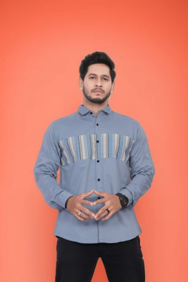 U AND J TREND Men Striped Casual Blue Shirt