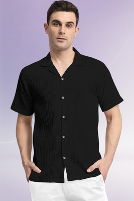 A DEEMOON TREND Men Striped, Self Design, Solid Casual Black Shirt