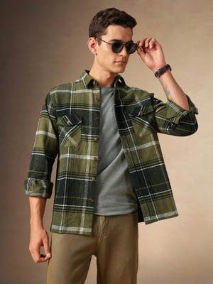 Dennis Lingo Men Checkered Casual Green Shirt