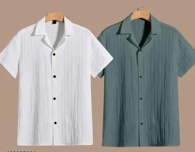 VRLOOKS Men Self Design Casual White, Dark Green Shirt(Pack of 2)