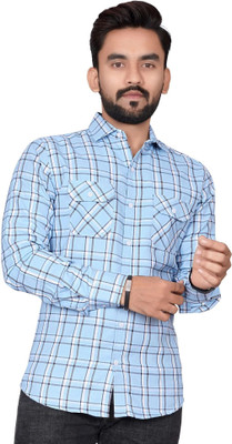 METRONAUT Men Checkered Casual Light Blue, Dark Blue, White Shirt
